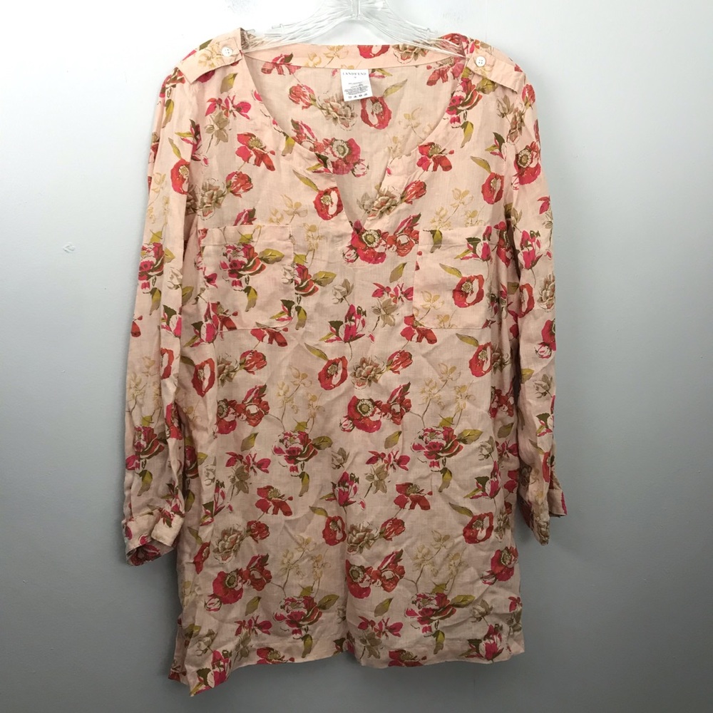Lands End Floral 100% Linen Popover Top Peach